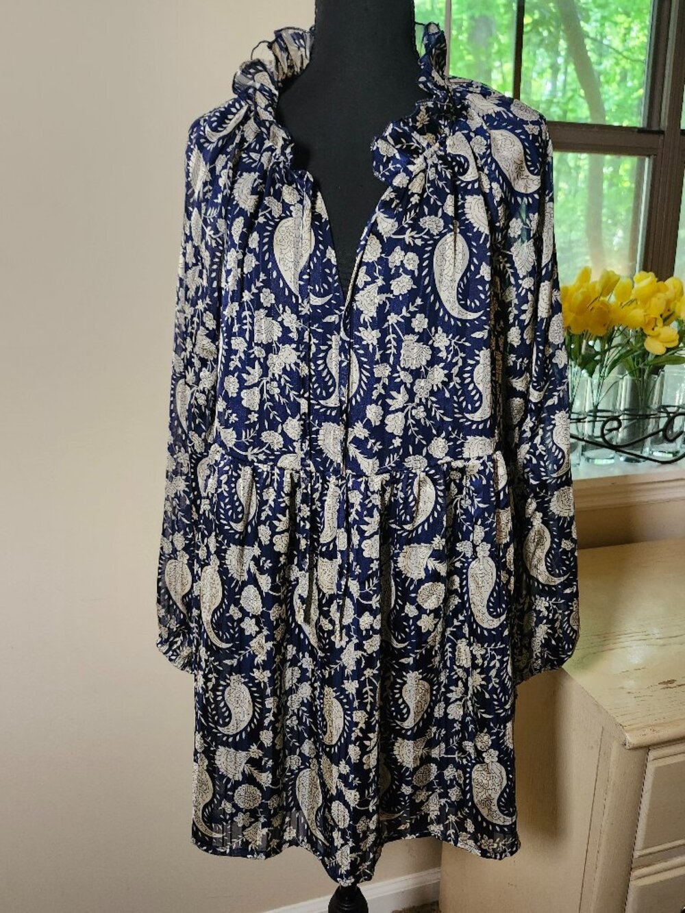 Whimsygoth Melloday Paisley Mini Dress XL Blue Gold Metallic Ruffle Collar NWOT